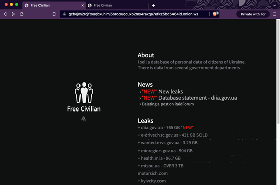 'Free Civilian' Tor site claiming leaks of Ukrainian citizens' personal data.